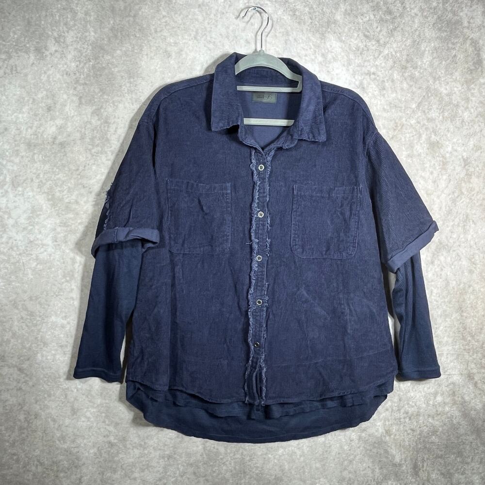 Umgee Sweater Womens Small Blue Corduroy Frayed Trim Button Front Pockets NEW